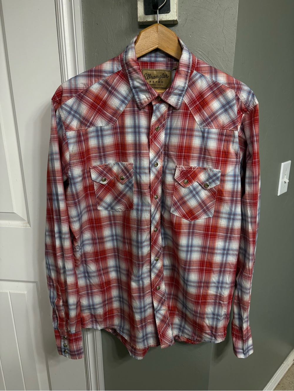 Wrangler Red and White Plaid Western Pearl Snap Shirt